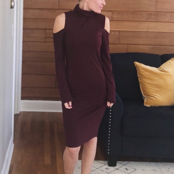 She and Sky Dresses & Skirts - Burgundy Cold Shoulder Midi Dress
